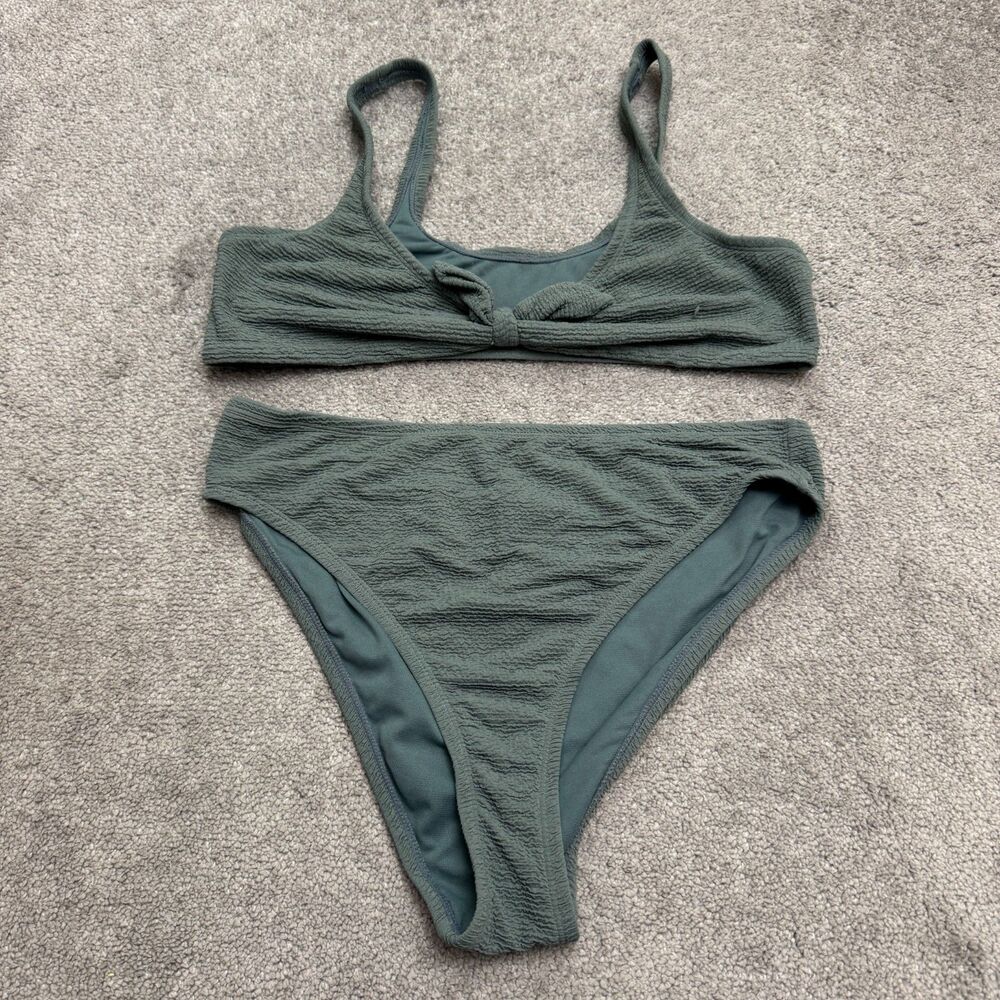Lulus Textured Bikini Set Womens XL Green Blue Knot Front High Waist Padded Swim